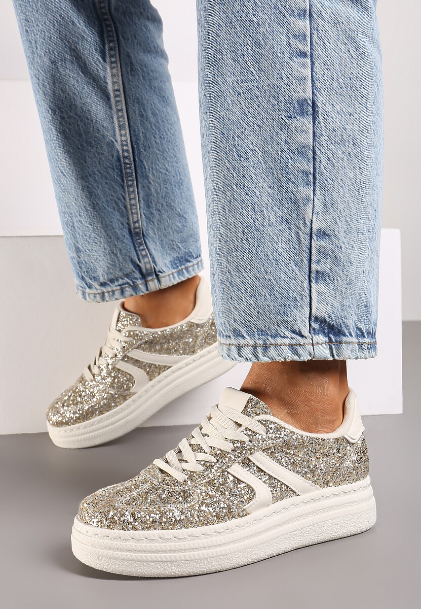 Złote Brokatowe Sneakersy na Niskiej Platformie Nevilinna