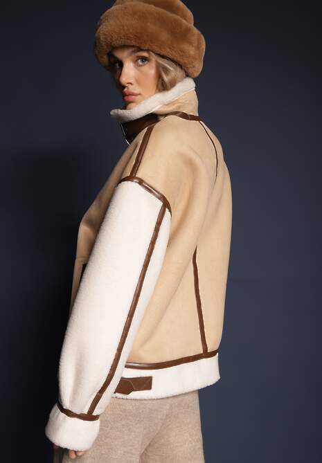 Beżowa Kurtka Pilotka ze Sztucznym Barankowym Futerkiem Phaerehe