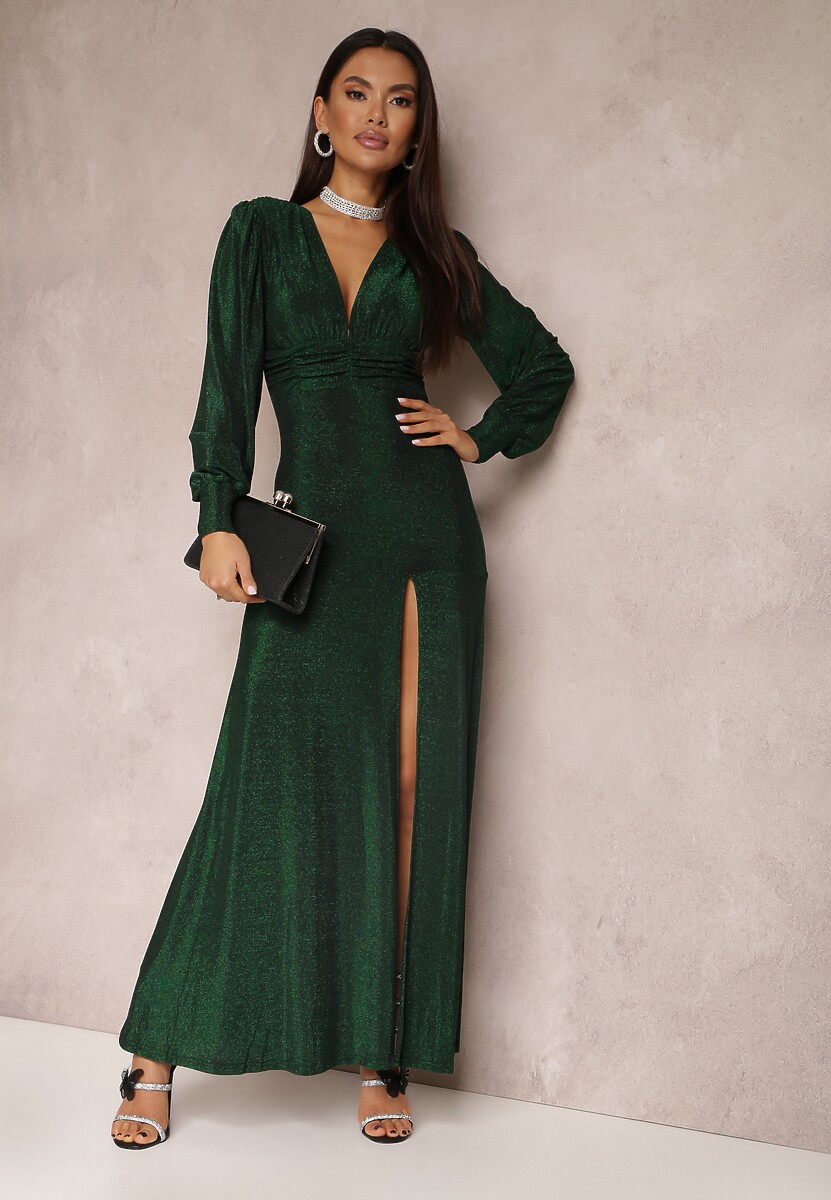 Srebrna Sukienka Wieczorowa z Głębokim Dekoltem Phaly