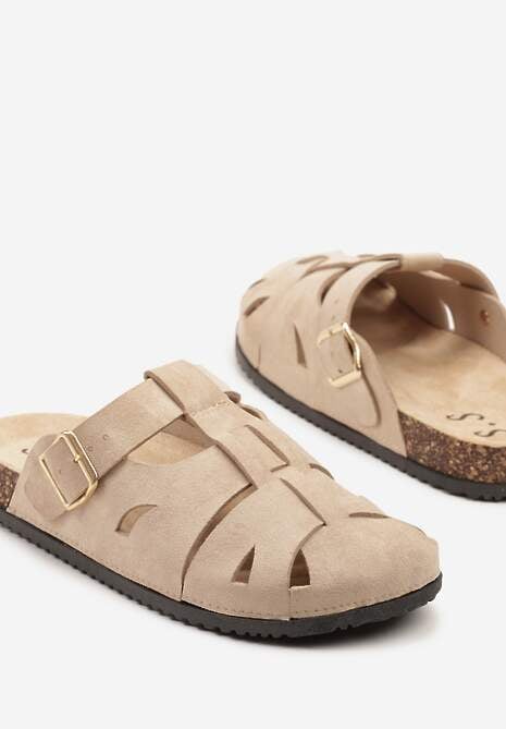 Beżowe Klapki w Stylu Chodaków Zdobione Wycięciami Wisae