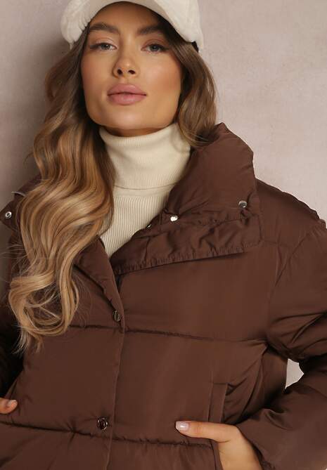Ciemnobrązowa Kurtka Puffer Pikowana ze Stójką Maymie