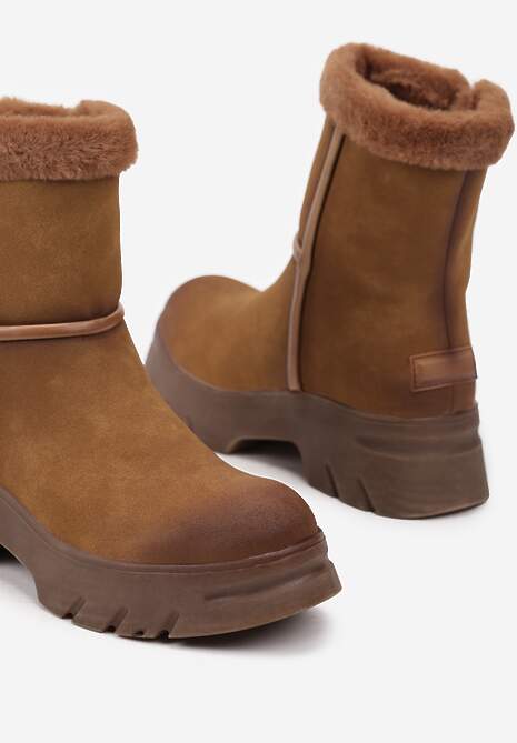 Brązowe Śniegowce na Niskiej Platformie z Ozdobnym Futerkiem Revianna