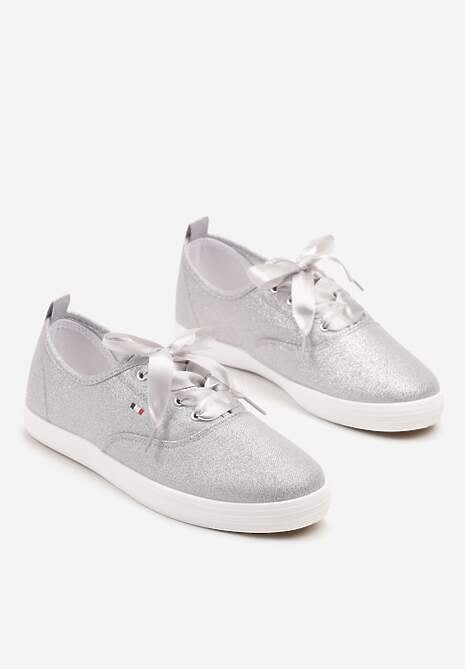 Srebrne Tenisówki Brokatowe z Ozdobnymi Sznurowadłami Palmena