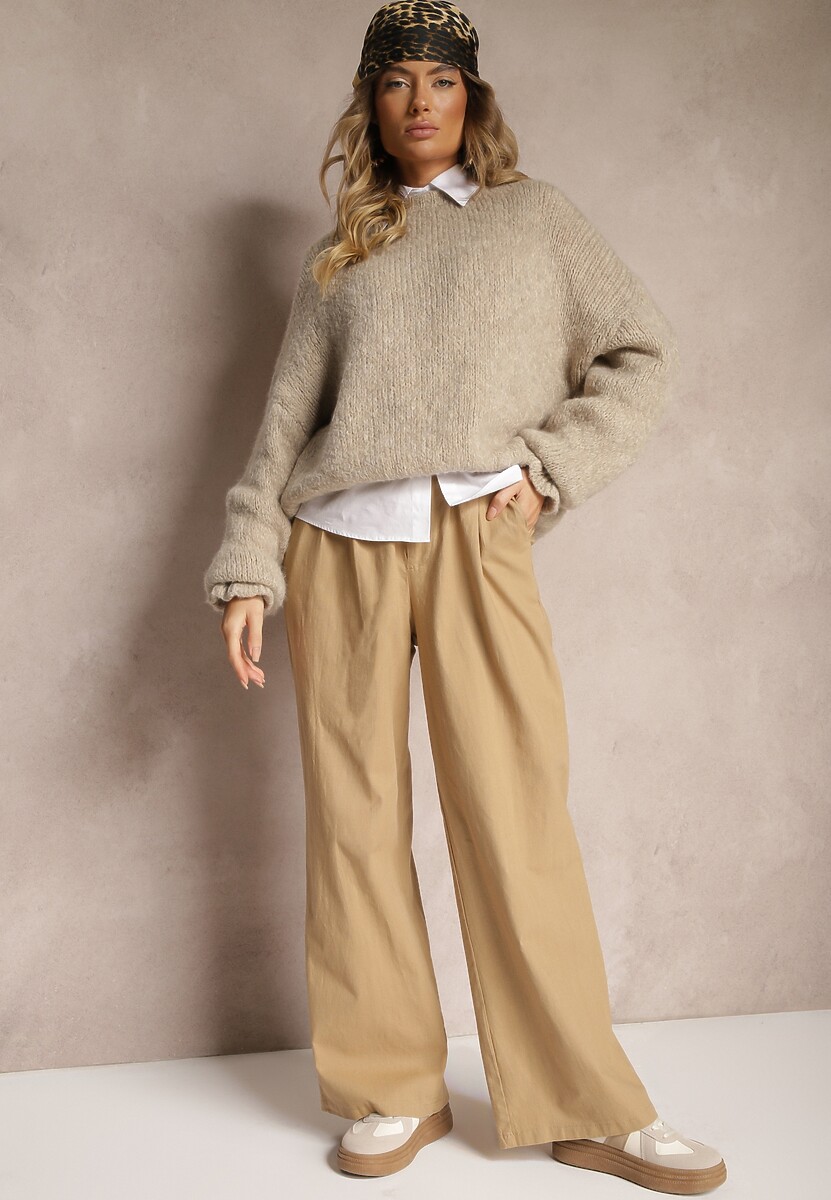 Ciemnobeżowe Spodnie High Waist z Bawełny z Szerokimi Nogawkami i Dodatkowym Paskiem Ezida