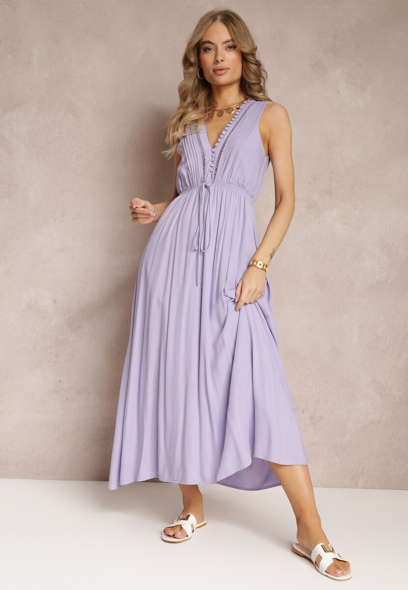 Fioletowa Rozkloszowana Sukienka Maxi z Gumką w Talii i Ozdobnymi Guzikami z Wiskozy Vianna