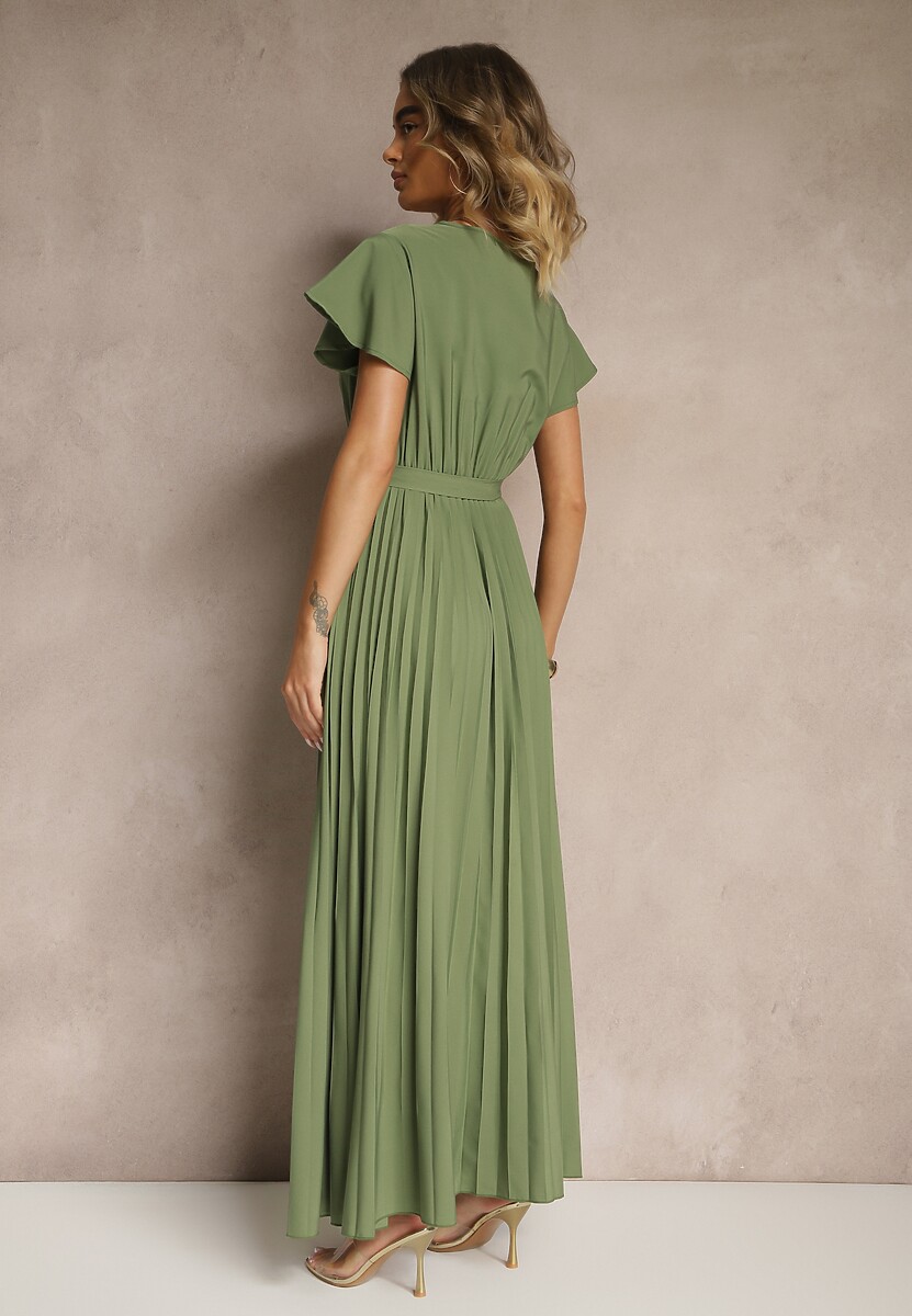 Ciemnozielona Koktajlowa Maxi Sukienka Ozdobiona Plisami z Trójkątnym Dekoltem i Wiązaniem w Talii Phoelia