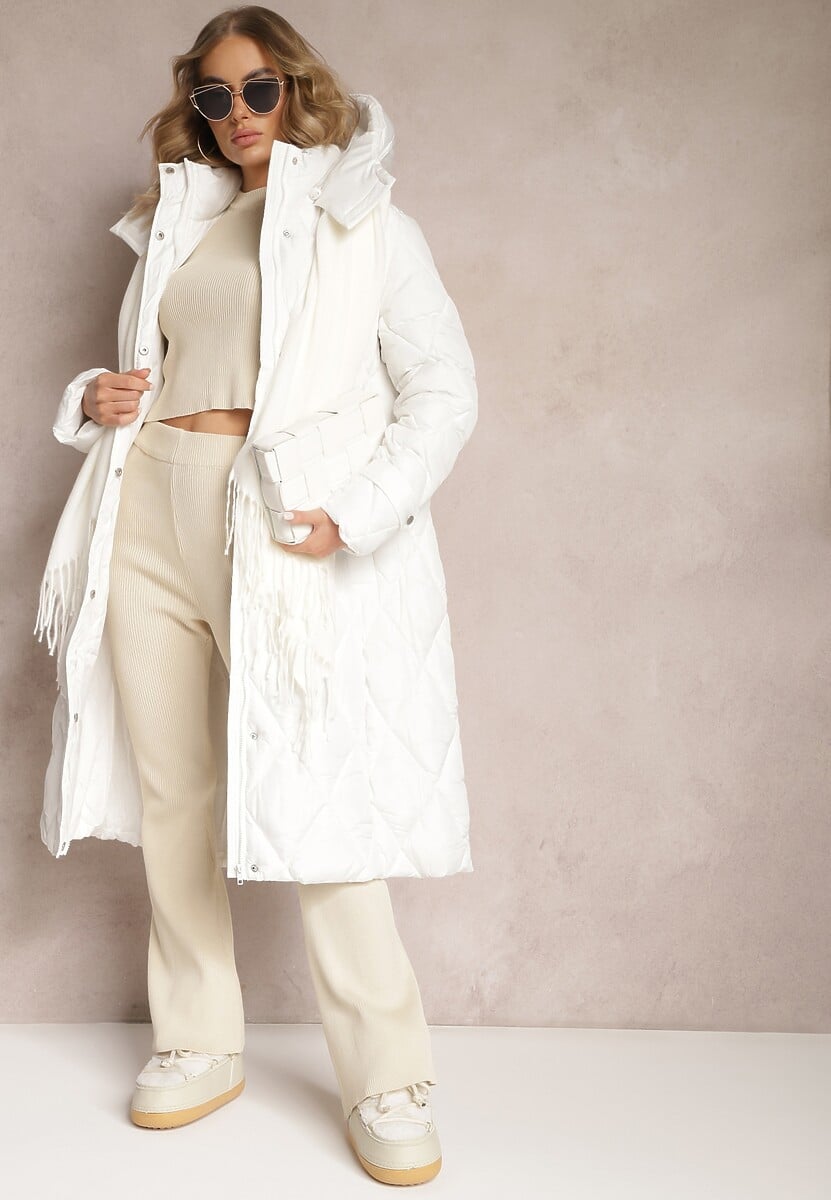 Czarna Pikowana Kurtka Płaszcz za Kolano Wiązana w Pasie z Kapturem Klavsa