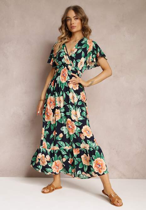 Granatowa Rozkloszowana Sukienka Maxi z Gumkami w Talii i Falbankami Tayte