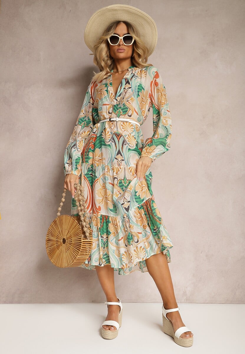 Beżowo-Zielona Sukienka o Rozkloszowanym Kroju z Długim Rękawem i Falbanką Dollati