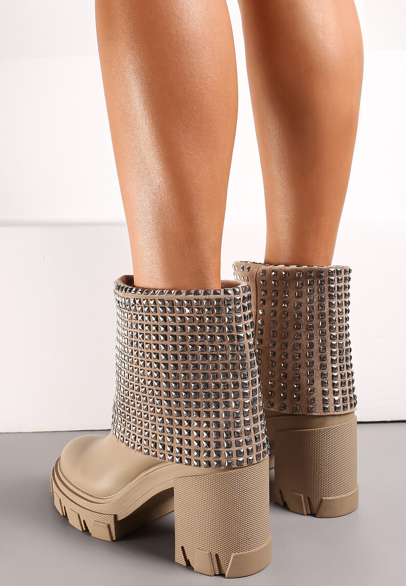 Ciemnobeżowe Botki z Wywiniętą Cholewką Ozdobioną Cyrkoniami na Platformie i Słupku Felirok