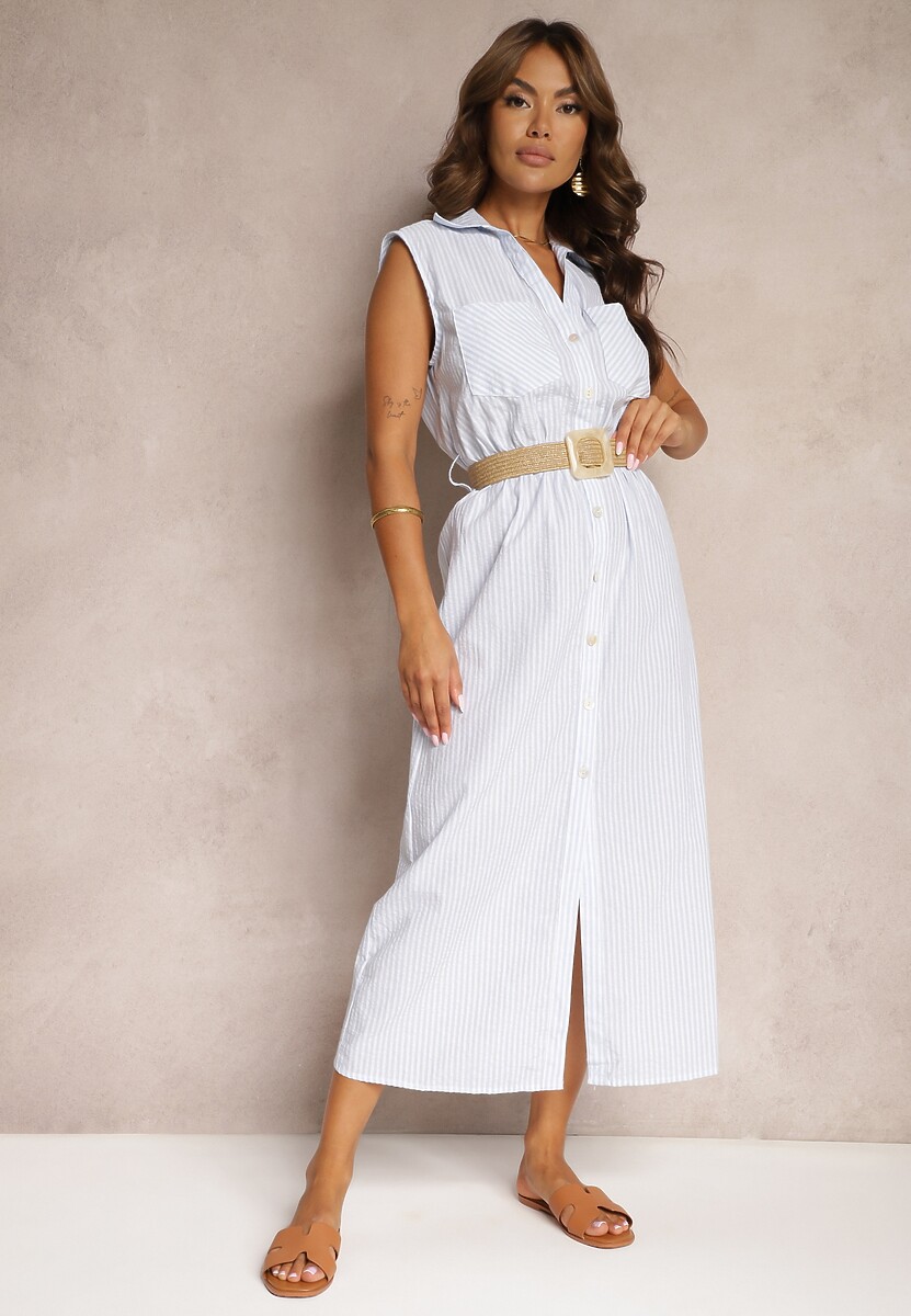 Różowa Koszulowa Sukienka z Bawełny Bez Rękawów z Paskiem i Gumką w Talii Zalorea