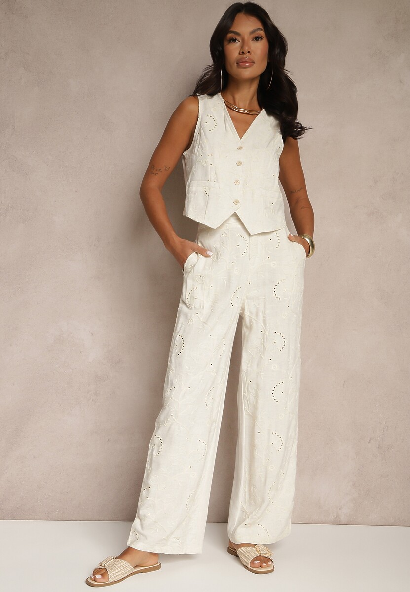 Jasnobeżowy Ażurowy Komplet z Lnem i Wiskozą Kamizelka i Spodnie Devita