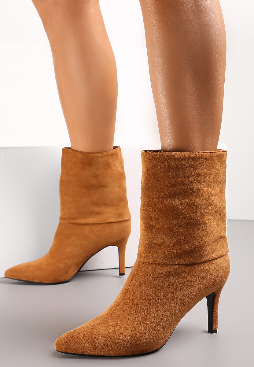 Brązowe Botki na Szpilce z Wywiniętą Cholewką Adah