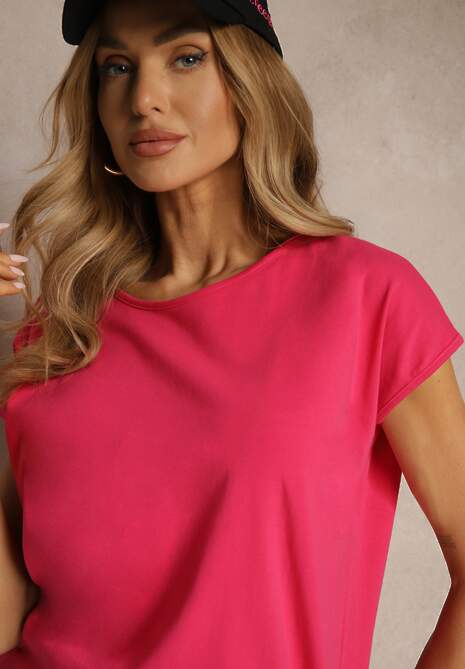 Różowy T-shirt z Bawełny z Ozdobnym Wiązaniem Termio