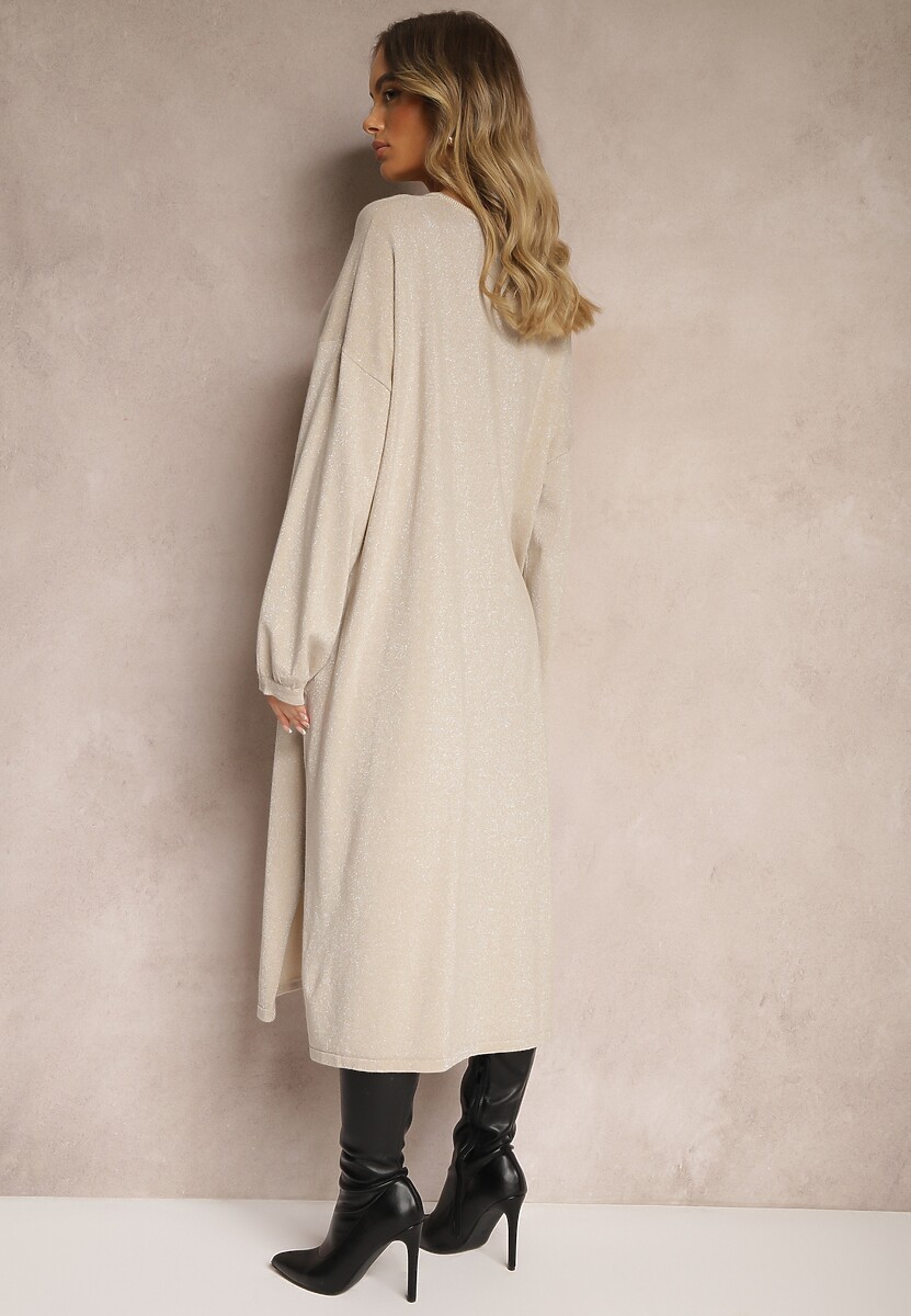 Beżowa Sukienka z Wiskozą o Pudełkowym Kroju z Metaliczną Nicią i Szerokimi Rękawami Arkina