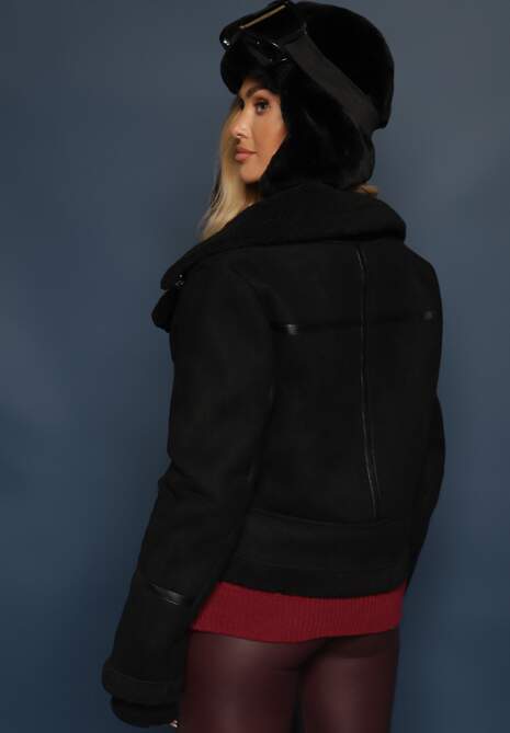 Czarna Kurtka Biker z Imitacji Zamszu i Kożuszka Jassan