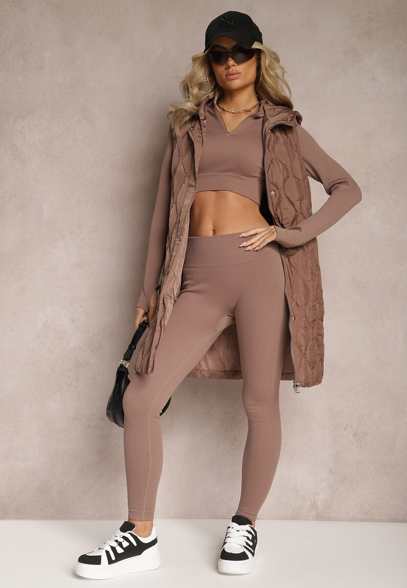 Brązowa Długa Kamizelka Pikowana z Kapturem Nallona