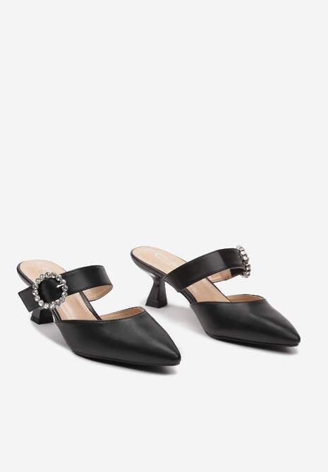 Czarne Klapki na Niskim Obcasie w Stylu Kaczuszki z Klamrą z Cyrkoniami Yukilla