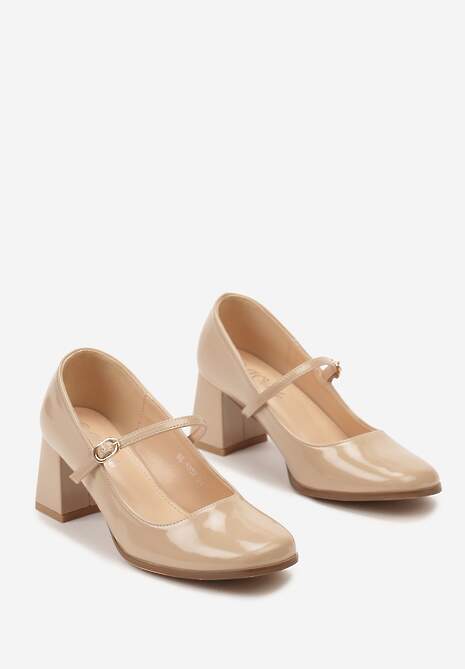 Beżowe Lakierowane Czółenka na obcasie z Ozdobnym Cienkim Paskiem Noobeta