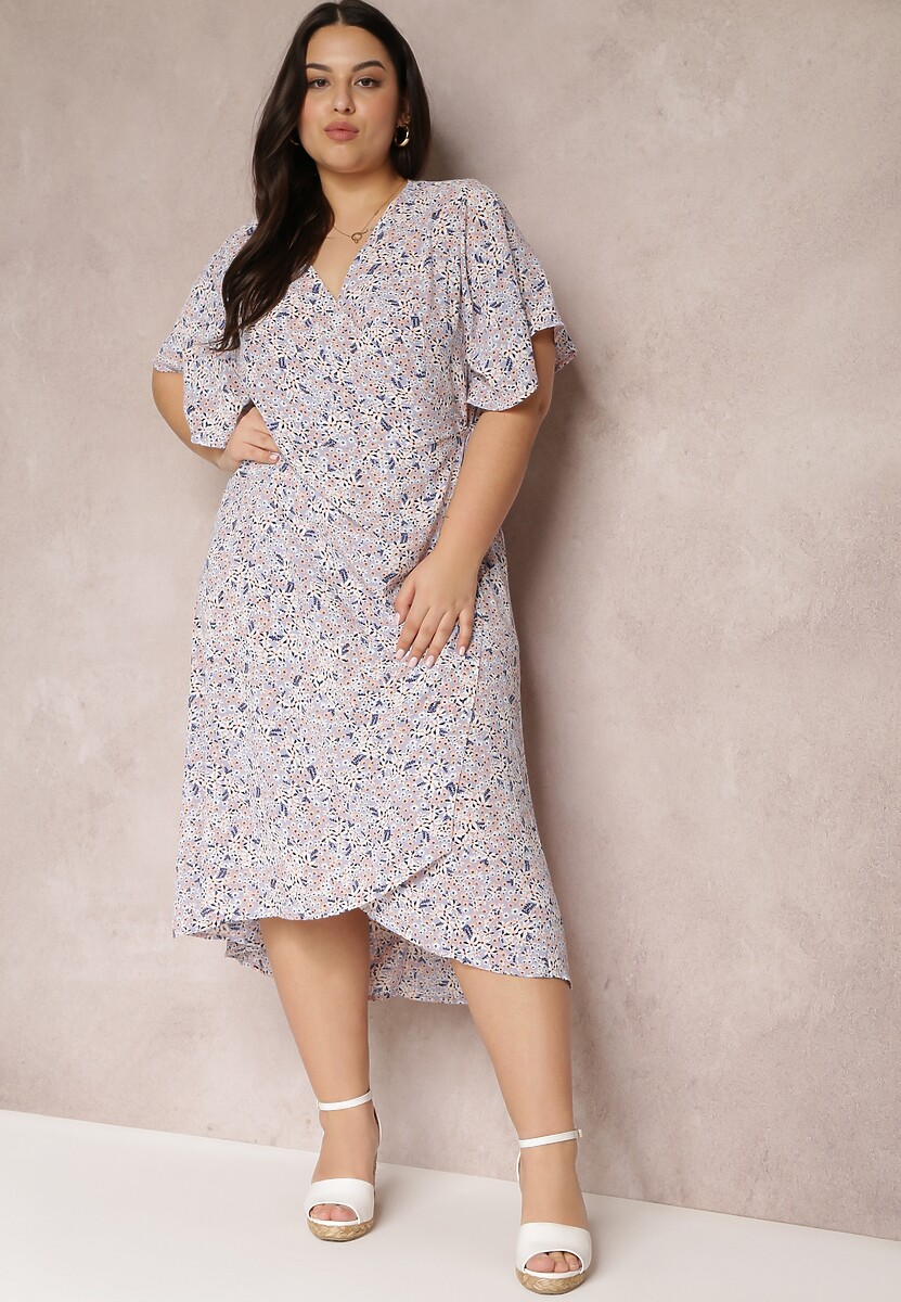 Jasnofioletowa Sukienka o Kopertowym Kroju Midi w Kwiatowy Wzór Kirpa