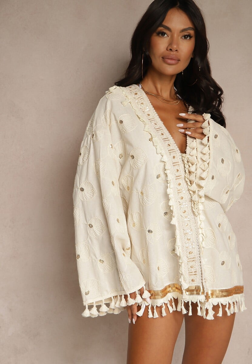 Beżowe Wiązane Ponczo z Bawełny Ozdobione Haftem i Cekinami Nelalia