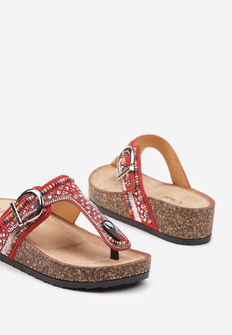 Czerwone Japonki Klapki na Grubej Podeszwie i Koturnie Zdobione Cyrkoniami Tinoraema