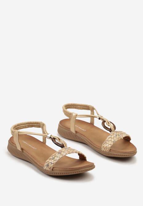 Złote Sandały na Wsuwanie z Drewnianą Okrągłą Wstawką Valmira