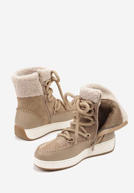 Ciemnobeżowe Śniegowce Zdobione Futrem i Przeszyciami Genilea