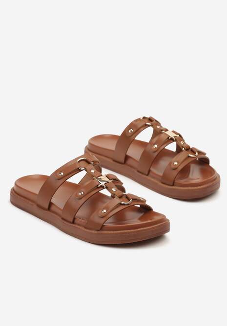 Brązowe Klapki Zdobione Aplikacjami z Metalicznym Połyskiem Lisathea