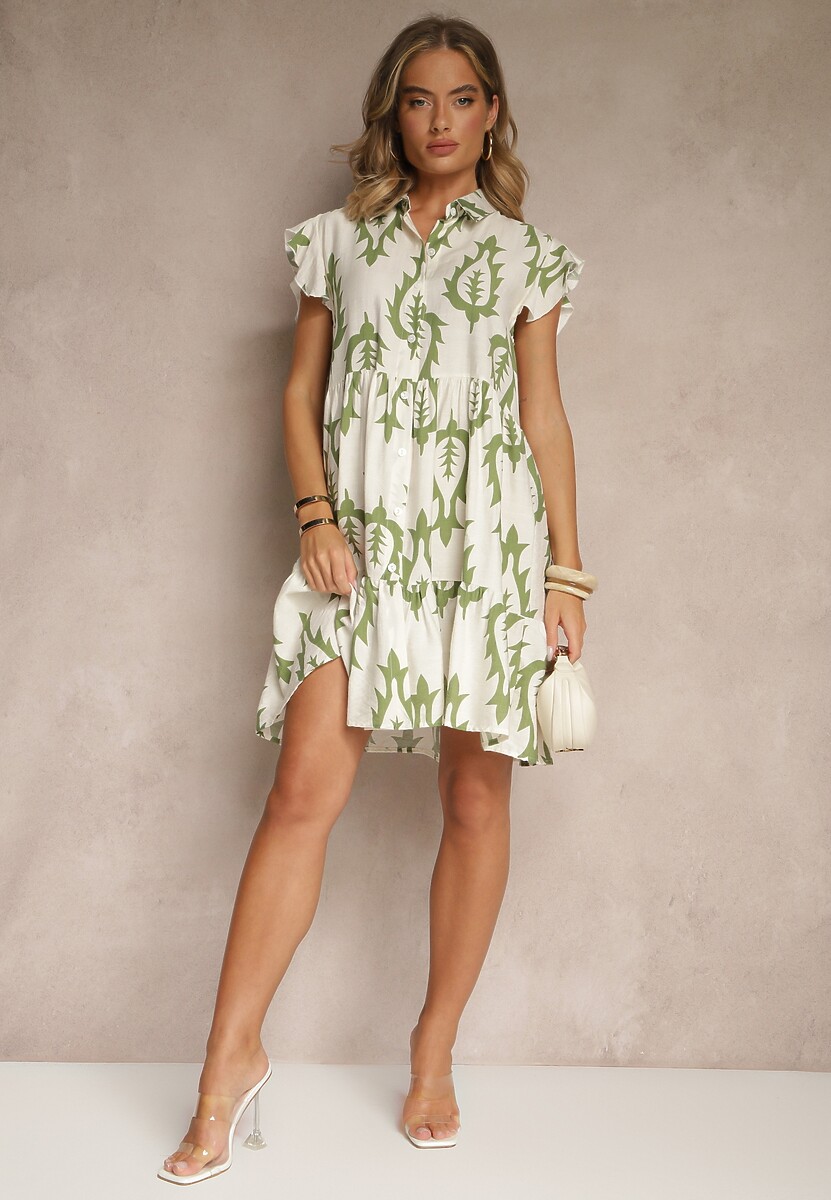 Zielona Koszulowa Sukienka z Lnem i Wiskozą o Rozkloszowanym Kroju Aranese