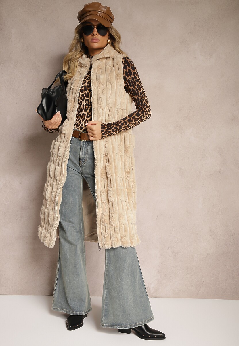 Beżowa Długa Kamizelka z Futerka Zapinana na Suwak z Kapturem Vioresa