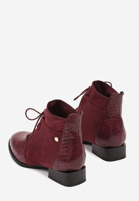 Bordowe Sznurowane Botki do Kostki Vices Zdobione Tłoczeniem Skóry Węża Wedvire