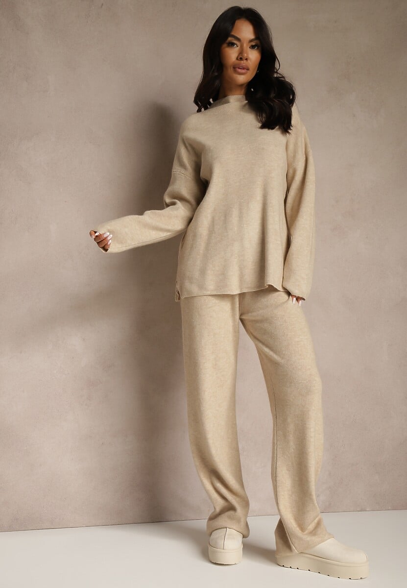 Ciemnobeżowy Komplet Oversize z Dzianiny z Wełną Sweter i Szerokie Spodnie Alenria