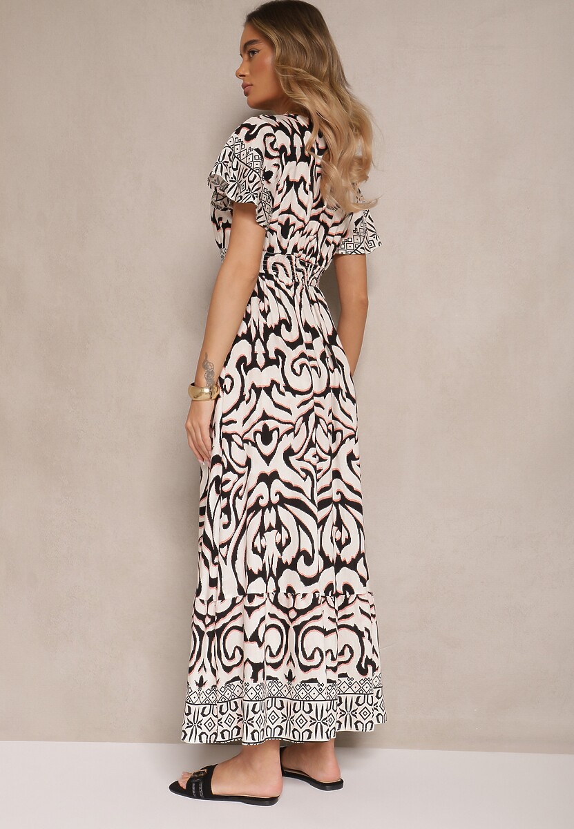 Czarna Rozkloszowana Sukienka Zdobiona Ornamentalnym Printem Tillinelle