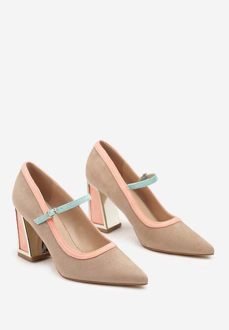 Ciemnobeżowe Czółenka na Słupku z Metaliczną Wstawką i Paskiem Linnelea