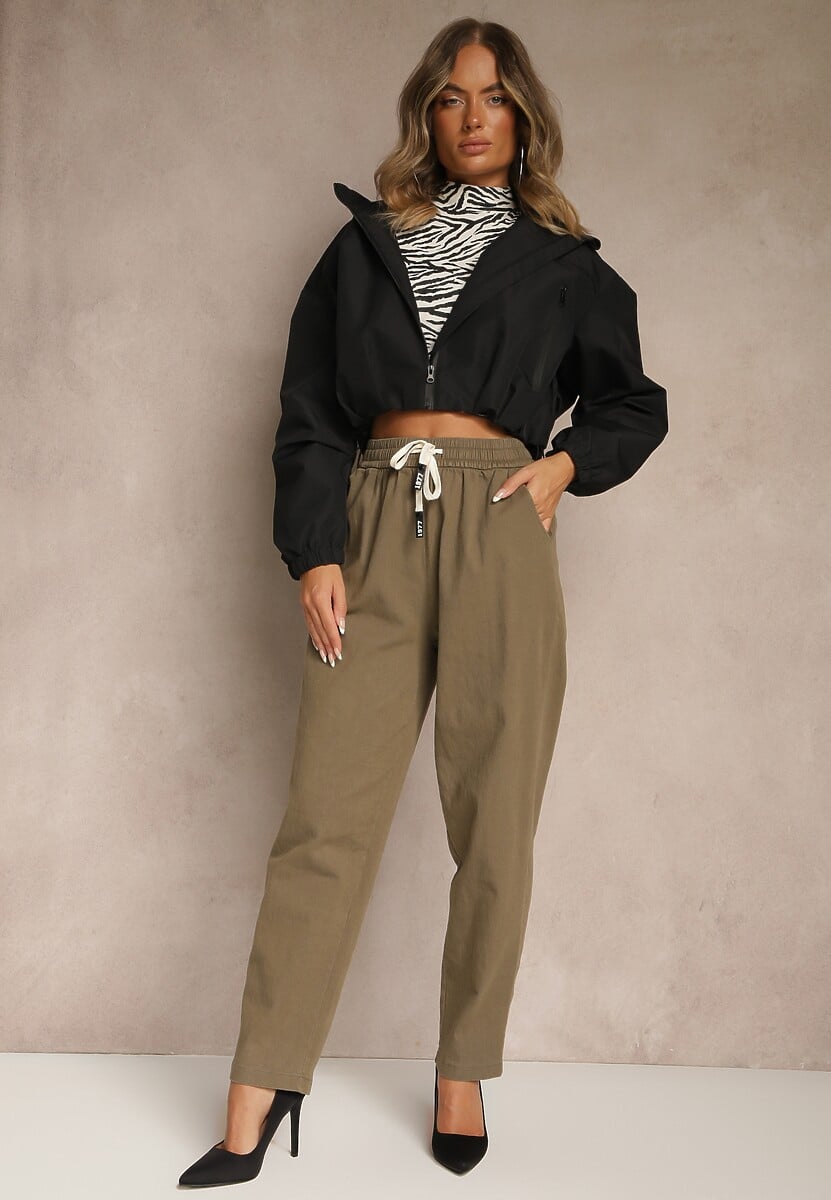 Ciemnozielone Spodnie z Bawełny Mom Fit Ozdobione Sznurkiem Apinella