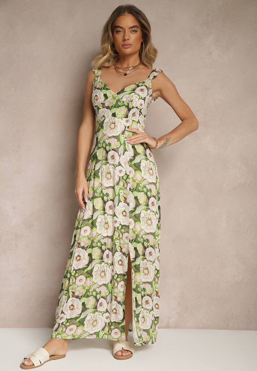 Czerwono-Beżowa Wiskozowa Sukienka o Rozkloszowanym Kroju w Kwiaty Redalie