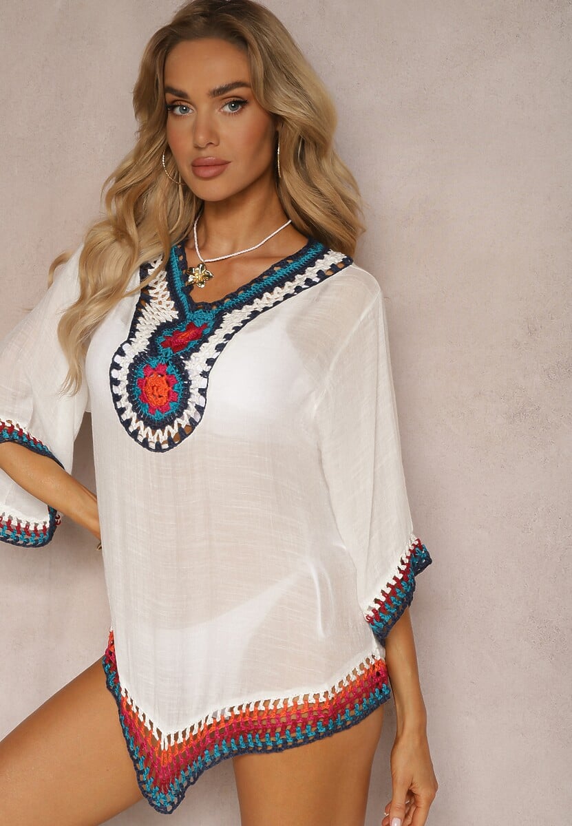 Biała Bluzka Narzutka w Stylu Boho z Rękawem 3/4 Dimiara