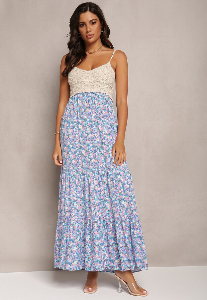 Niebiesko-Zielona Maxi Wiskozowa Sukienka o Rozkloszowanym Fasonie w Kwiaty Ozdobiona Szydełkowym Wzorem Damrea