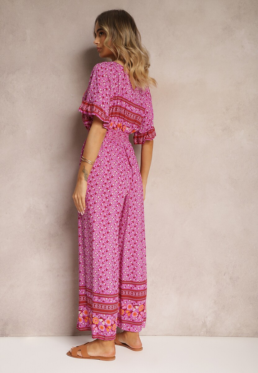 Fioletowy Kopertowy Kombinezon Bawełniany z Cienkimi Gumeczkami w Pasie Zapinany na Szyi Orithiama