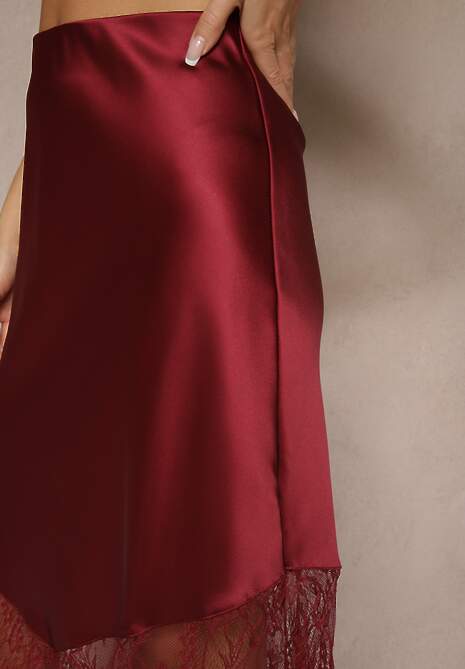 Bordowa Koktajlowa Spódnica z Satyny z Koronką Avelori