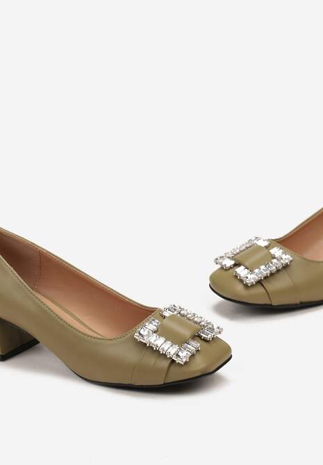 Zielone Czółenka z Klamrą z Cyrkoniami na Słupku Vireta