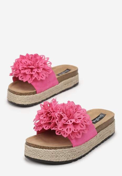 Fuksjowe Klapki z Kwiatem na Pasku i Plecionką na Korkowej Podeszwie Presta
