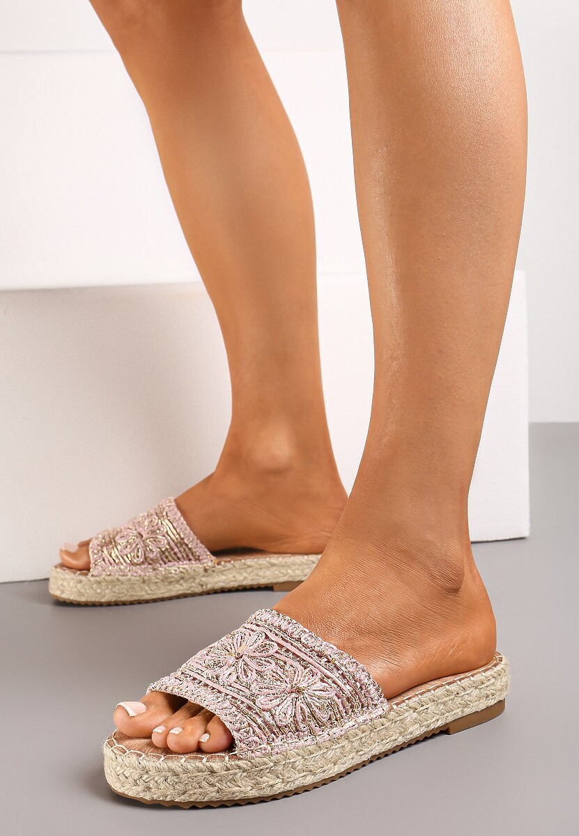 Różowe Casualowe Klapki na Platformie Ozdobione Plecioną Jutą Rifenia