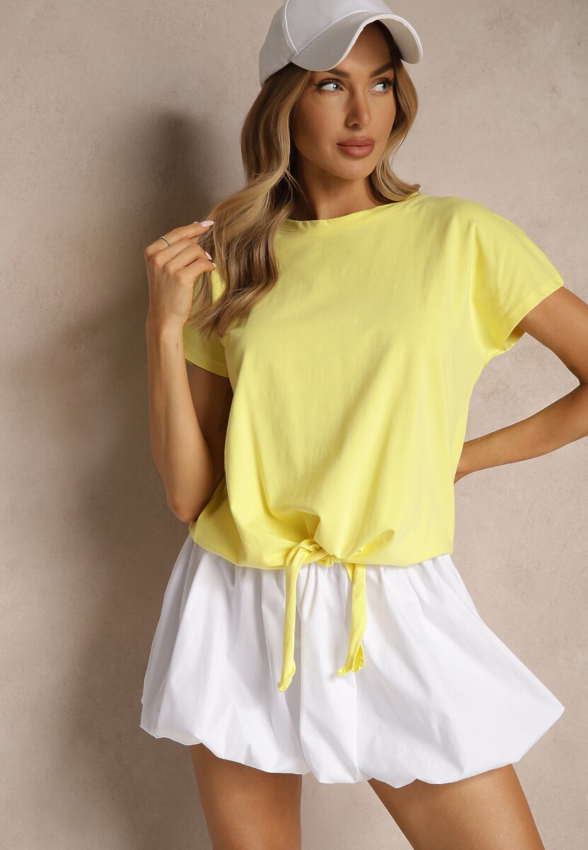 Żółty Bawełniany T-shirt Wiązany u Dołu Sunalina