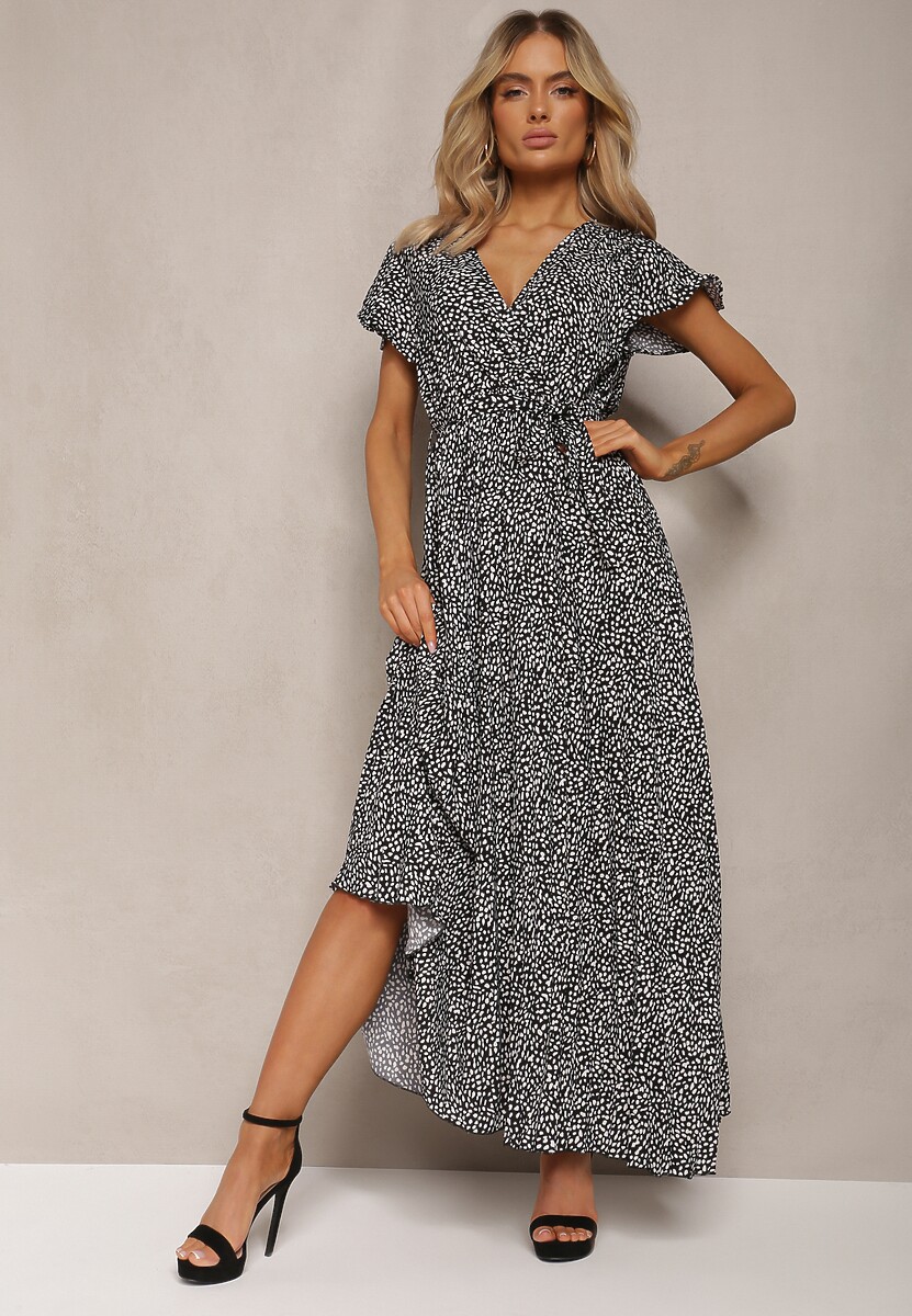 Czarno-Biała Sukienka Maxi z Gumką w Pasie i Kopertowym Dekoltem w Kropki Miretell