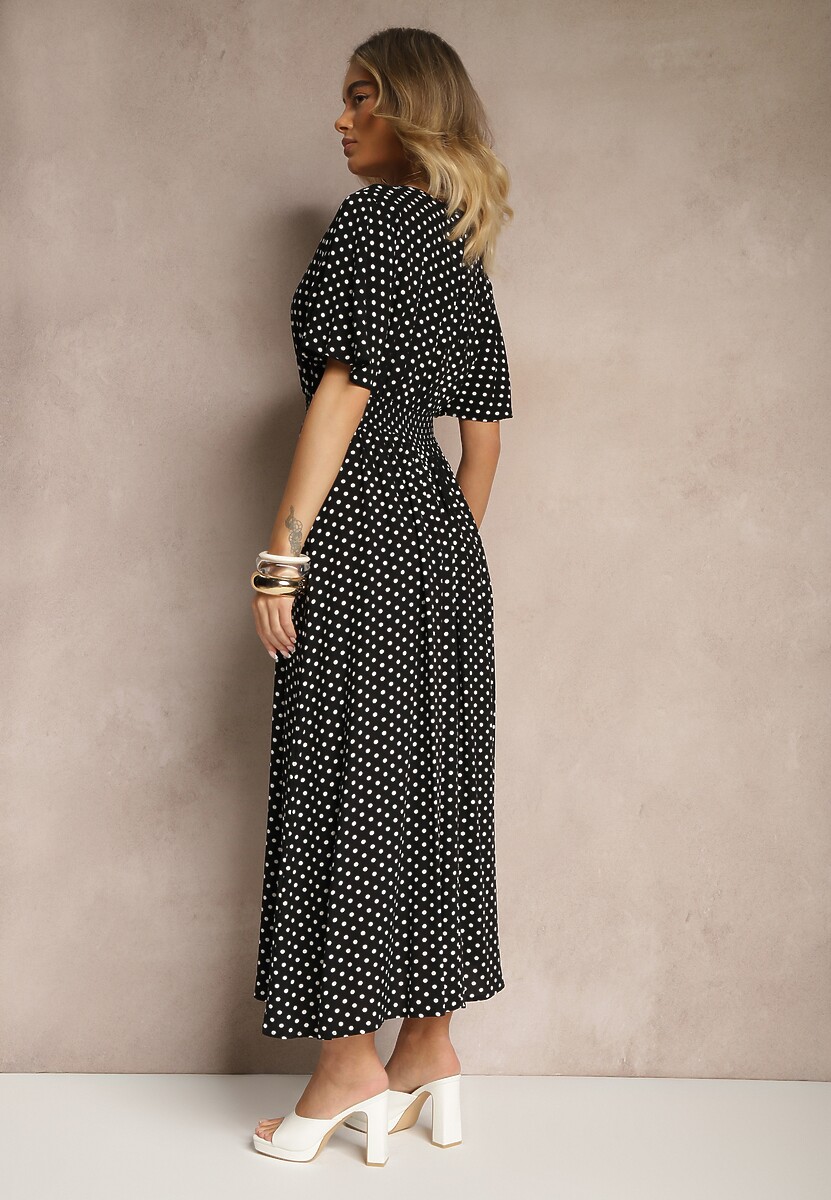 Czarna Sukienka z Bawełną i Kopertowym Dekoltem ze Wzorem w Kropki Ldivona