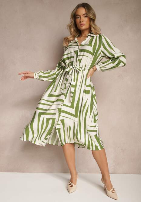 Zielona Sukienka z Wiskozą o Koszulowym Kroju w Geometryczny Print Ninatria