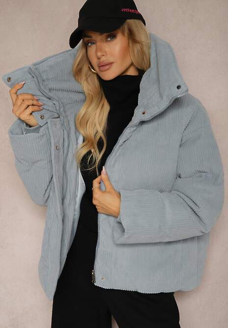 Jasnoniebieska Kurtka Sztruksowa o Prostym Kroju z Szerokim Kołnierzem Reanieth