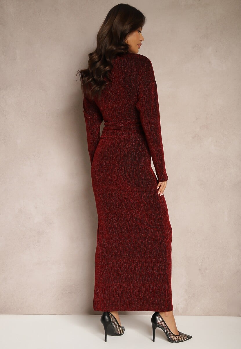 Bordowa Sukienka Taliowana z Wiskozą i Dekoltem w Kształcie Łódki Nialeth